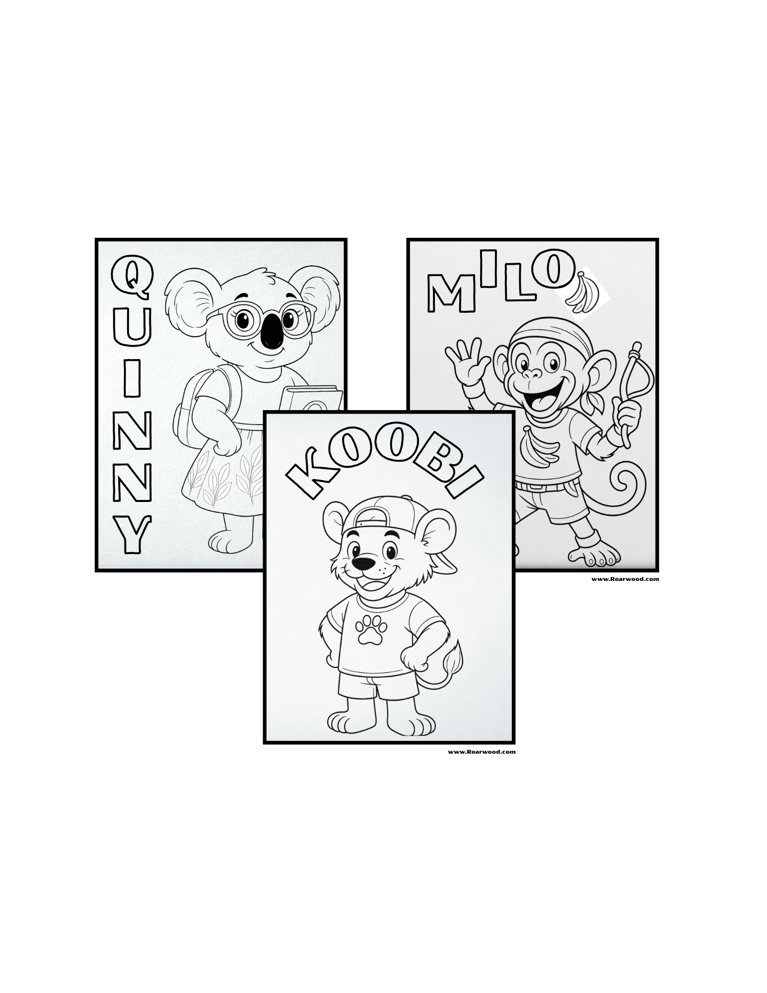 Free Roarwood coloring pages featuring Quinny, Koobi, and Milo