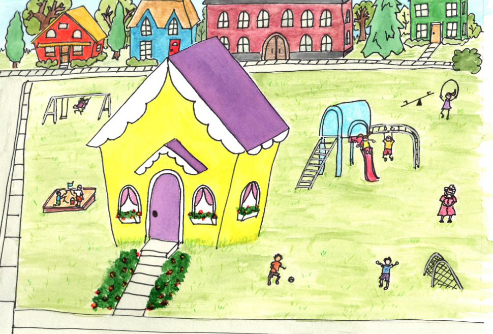 Children playing in Pleasantville from The Carrot Catastrophe picture book