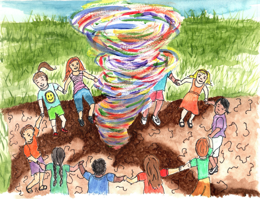 Rainbow vortex scene from The Carrot Catastrophe picture book