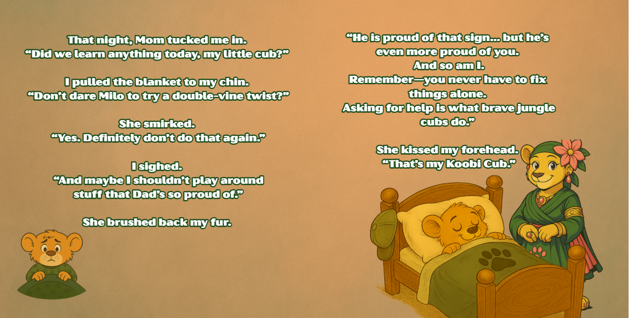 Queen Mazi tucks Koobi into bed in a warm bedtime scene from Welcome to Roarwood