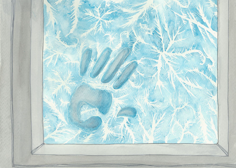 Watercolor illustration from Hannah’s Snow showing a frosty handprint in the snow