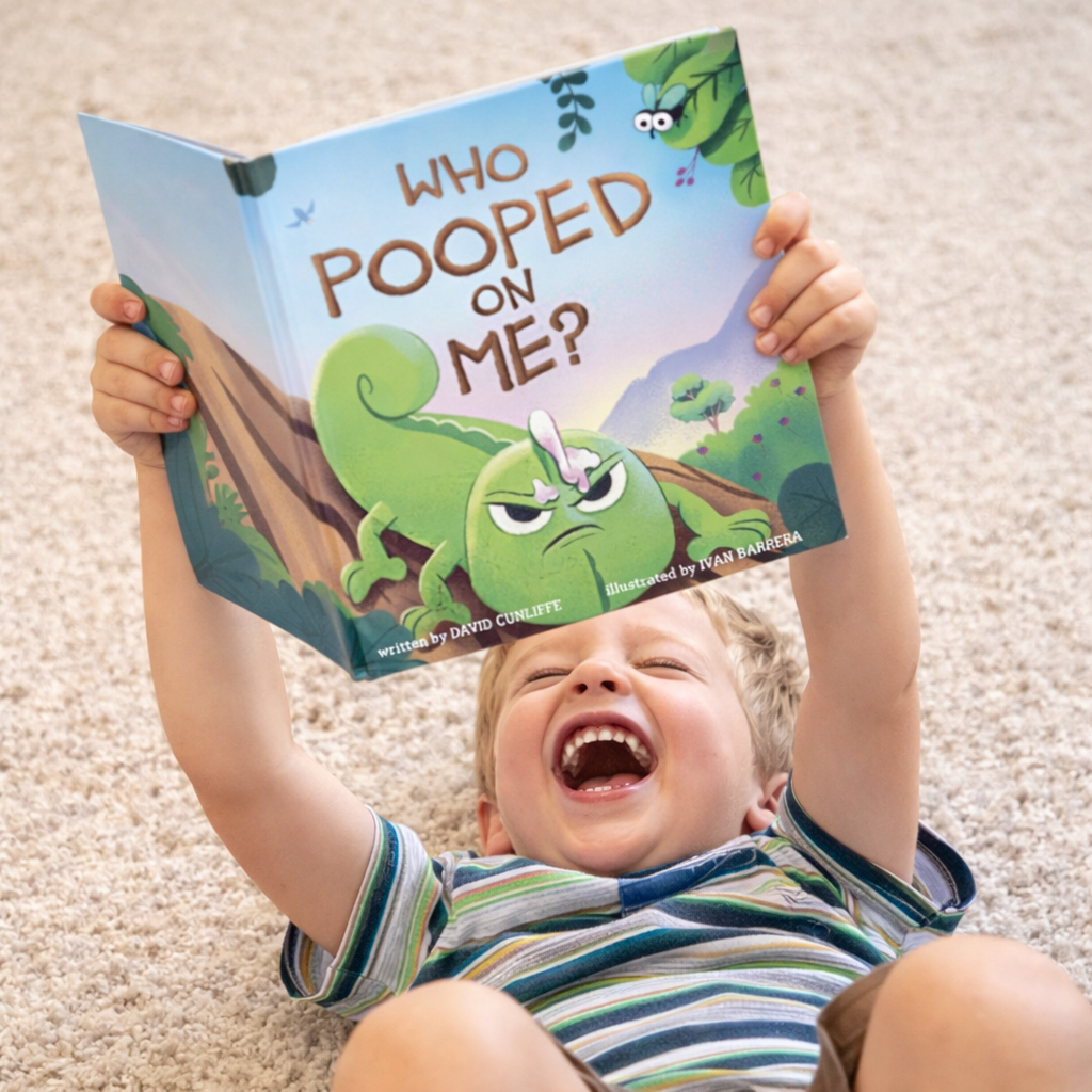 4 year old laughing at Who Pooped on Me book