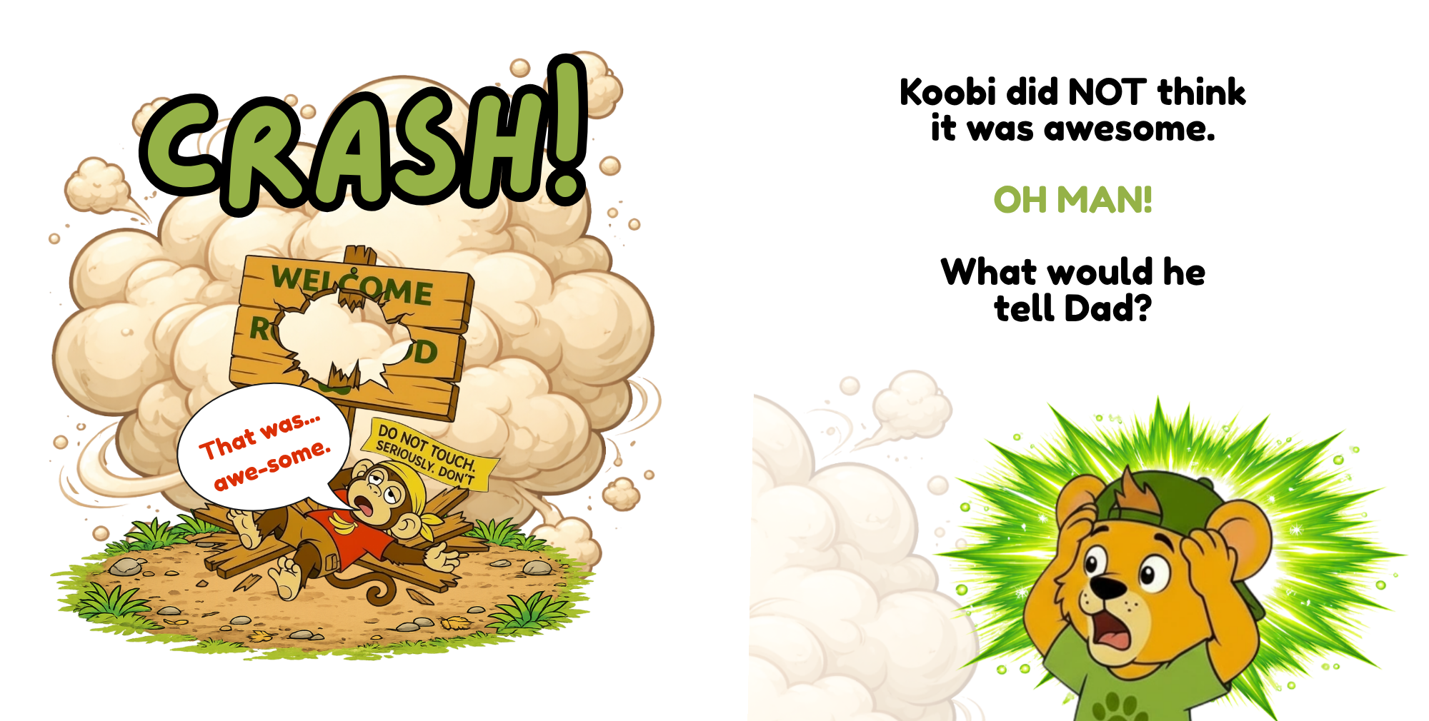 Children’s book illustration showing Milo crashing through the Roarwood welcome sign while Koobi panics and wonders what to tell his dad.