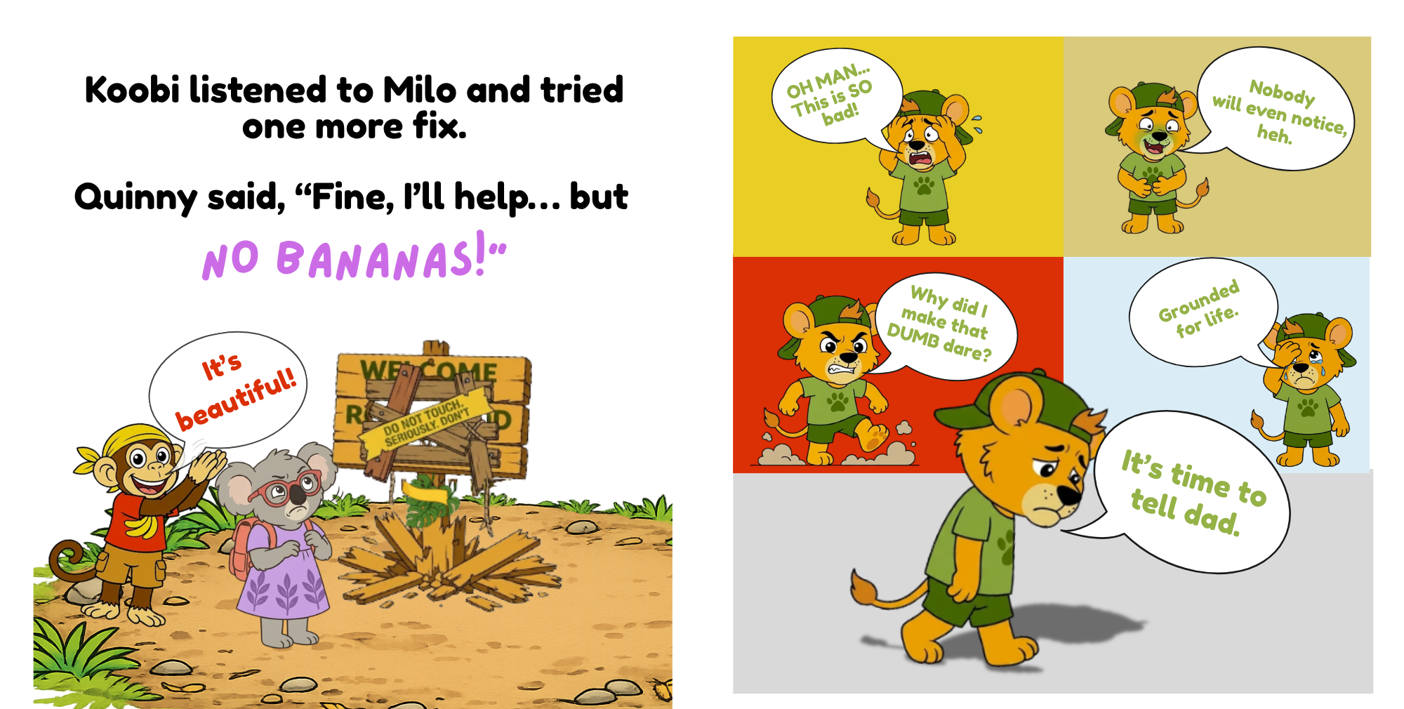 Children’s book illustration showing Koobi feeling worried, guilty, angry, and scared after trying to repair the broken Roarwood welcome sign with Milo and Quinny.