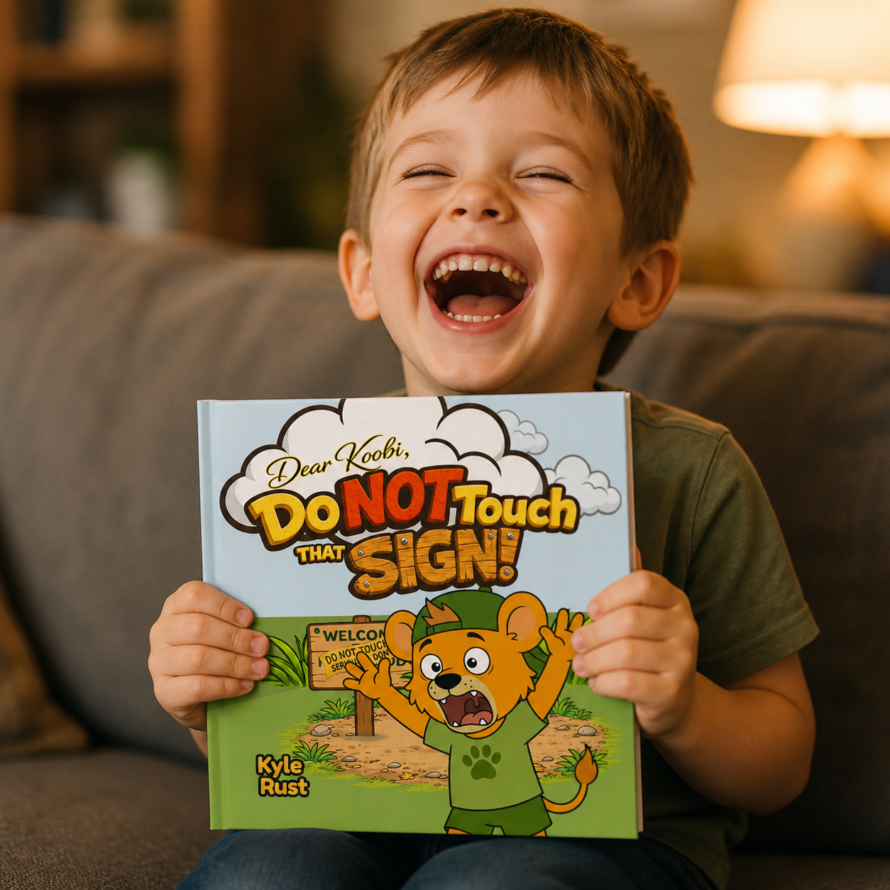 Young boy laughing while holding Dear Koobi Do NOT Touch That Sign